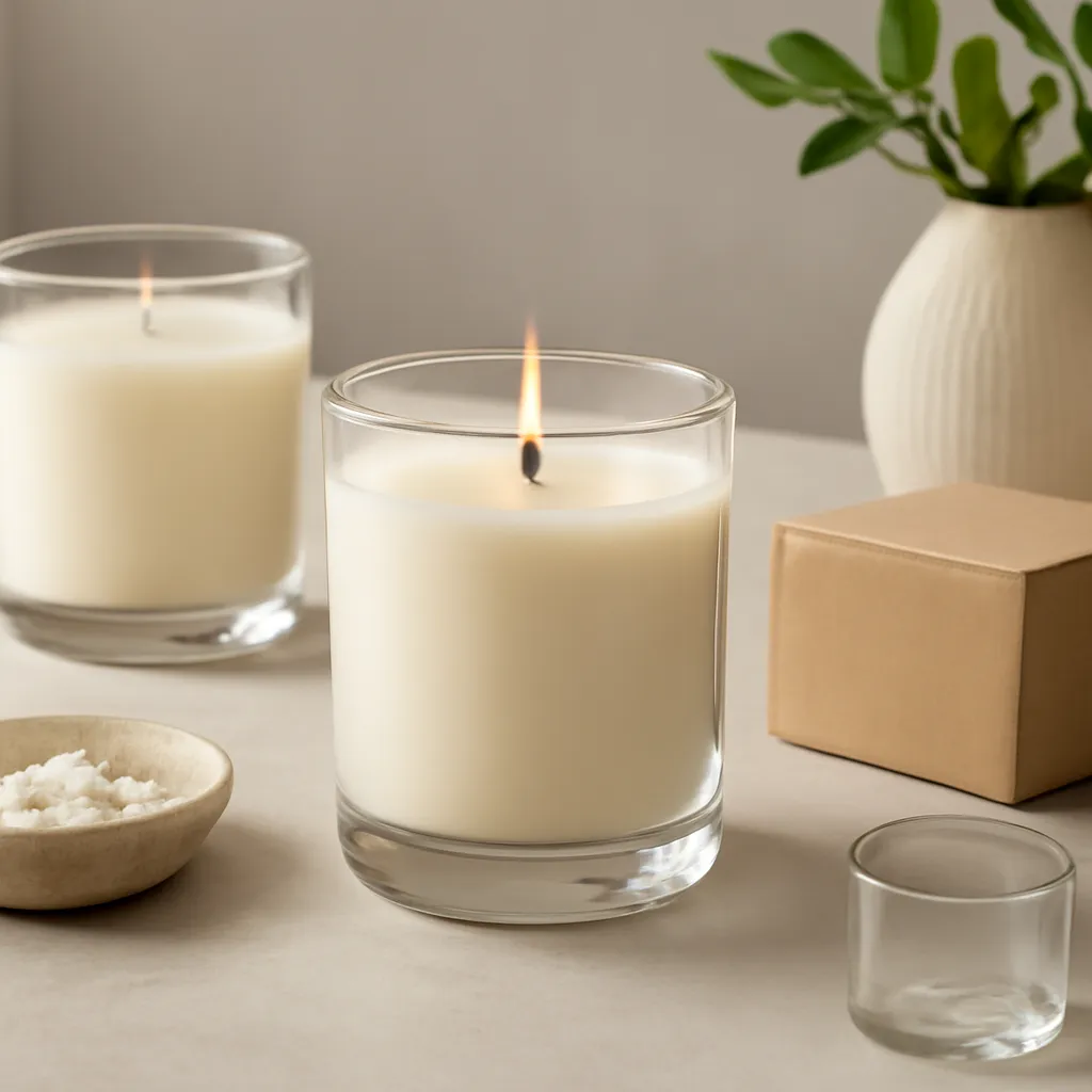 Create a finished lifestyle application scene showing the desirable end result of jar and flame warning signs: a well-performing candle, balanced fragrance, well-chosen wax, inviting home atmosphere or thoughtful gift presentation, depending on the article. Canvas size 2000 × 1500 px, photorealistic premium commercial photography, cool gray-beige tabletop with crisp daylight. Keep the composition clean and editorial, with one clear focal point and realistic scale. Candle vessels should be physically correct, with smooth glass and believable wax surfaces; any flame must be small and realistic and should appear only when context requires it. Use restrained props that directly support "Candle Care Basics: 10 Mistakes That Can Ruin Your Scented Candle". Avoid excessive seasonal décor, duplicated ingredient arrangements, surreal fragrance smoke, AI artifacts, noisy textures, distorted hands, unreadable labels, typography, icons, logos and watermarks. Leave a small area of negative space for optional manual annotations. Crisp detail, natural shadows, realistic color balance and subtle depth of field.